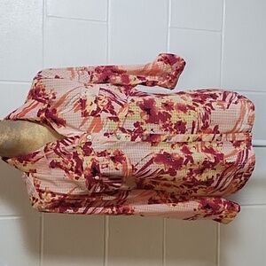 Pink Coral Burgundy Orange Abstract Floral & Check Shirt Roll Tab Sleeve